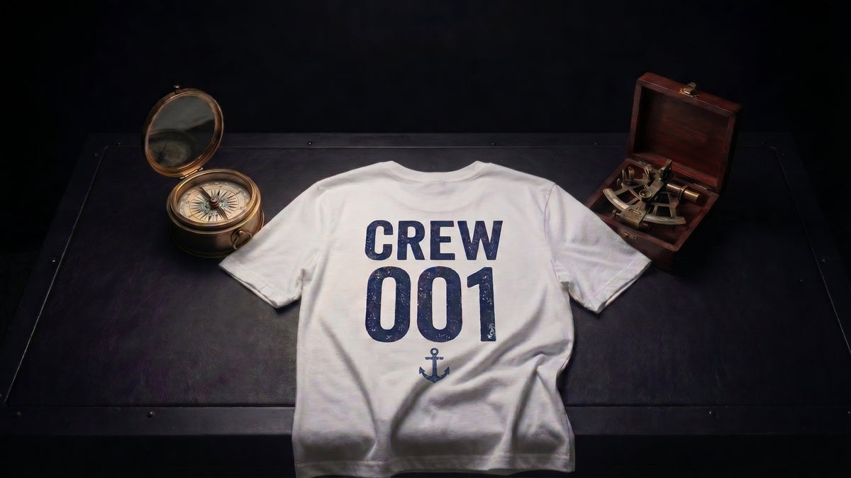 A white crewneck t-shirt with 'CREW 001' and an anchor printed in navy blue on the back, styled on a dark table with a brass compass and a wooden sextant.