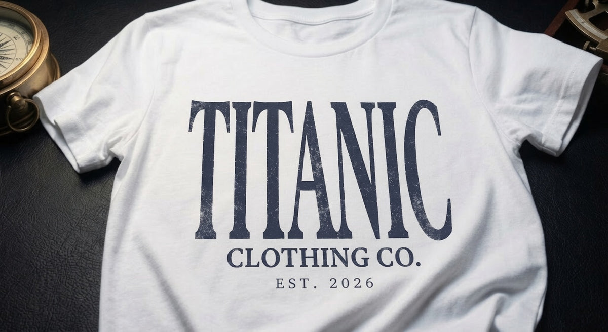 A white short-sleeve T-shirt laid flat on a dark textured surface, featuring large distressed navy text that reads 'TITANIC' with smaller text below reading 'CLOTHING CO.' and 'EST.