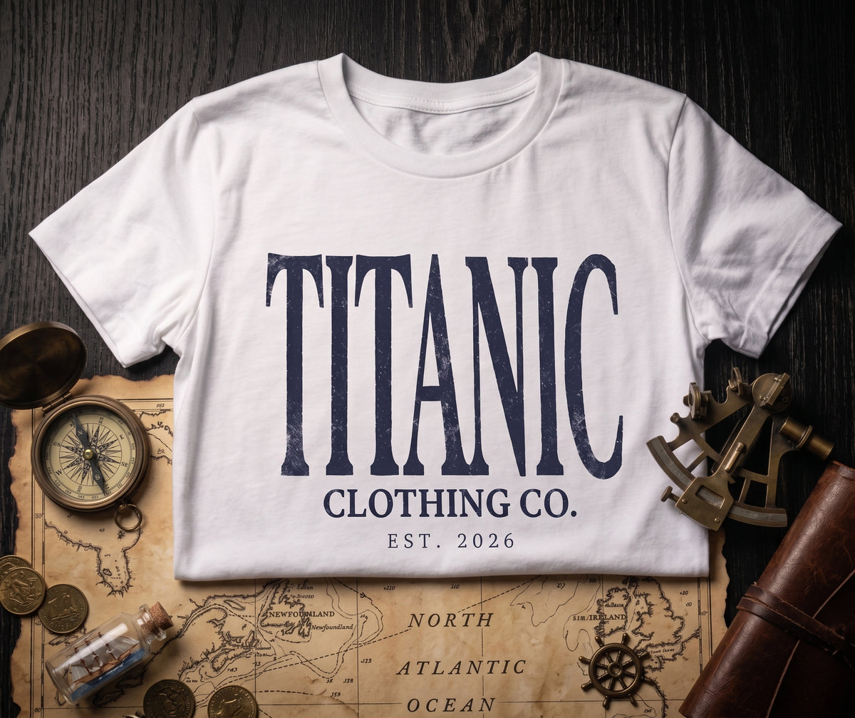 A white short-sleeve T-shirt laid flat on a dark wood surface, printed with large navy text reading 'TITANIC' and smaller text 'CLOTHING CO. EST.